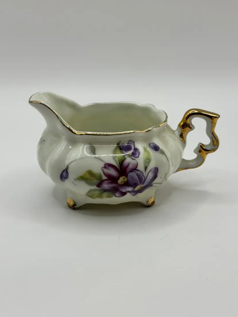 Vintage 1950’s Floral Porcelain Creamer, Gold Trim Accent, Hand-Painted Purple Flowers, Collectible Tableware, By Royal Sealy, Made In Japan