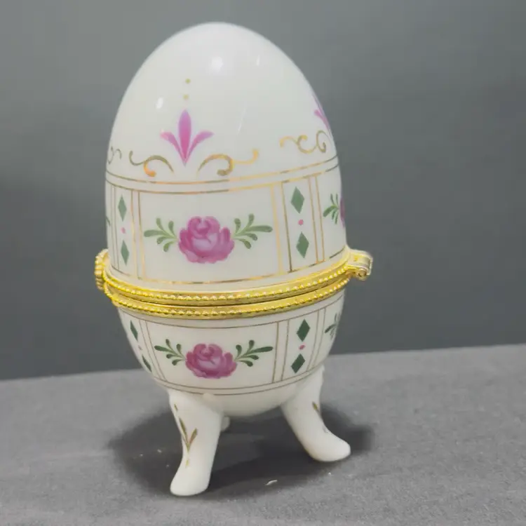 #1397 Gilded, Porcelain, Hand Painted, 3 Foot, Egg, Hand Painted Pink Flowers, Hinged Lid, Trinket Box
