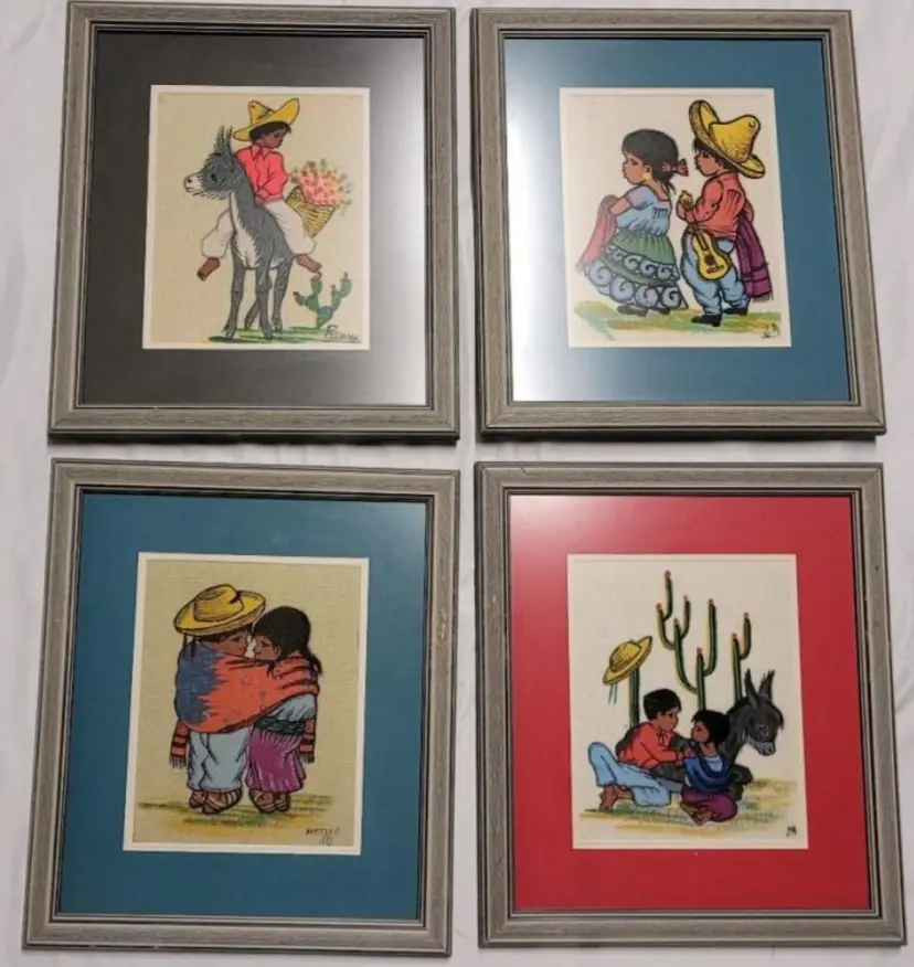 Four (4) Beautifully Hand Painted Vintage Mexico Folk Art Signed Framed Paintings on Burlap . Each Painting Signed by Artist.  Measures 16×18 Inches