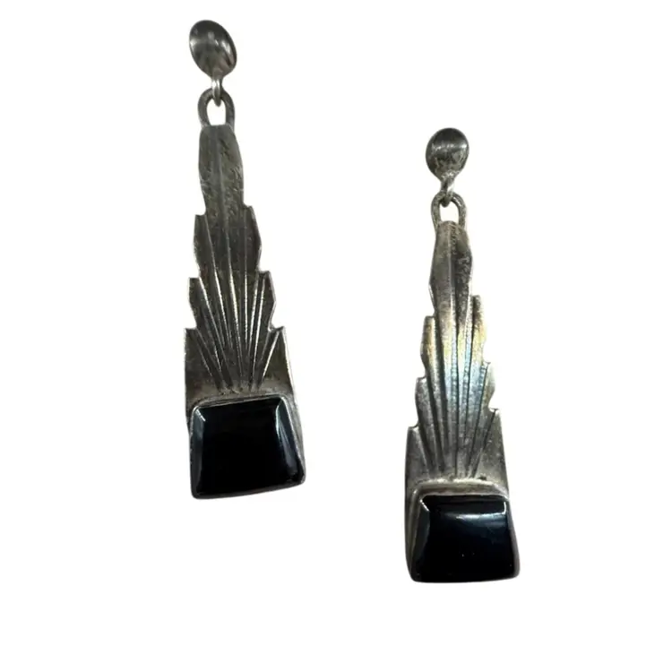 vintage Native American Navajo sterling silver and black onyx Art Deco-style dangle earrings