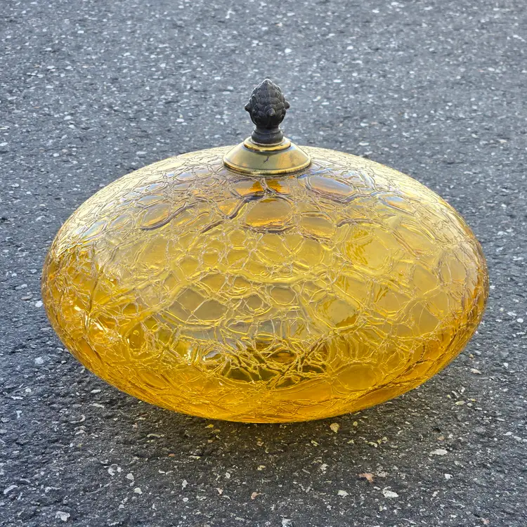 Crackle Glass Amber Globe Ceiling Light & Metal Finial 11" diameter 8” tall 3⅞” Hole Mid-Century Modern Vintage