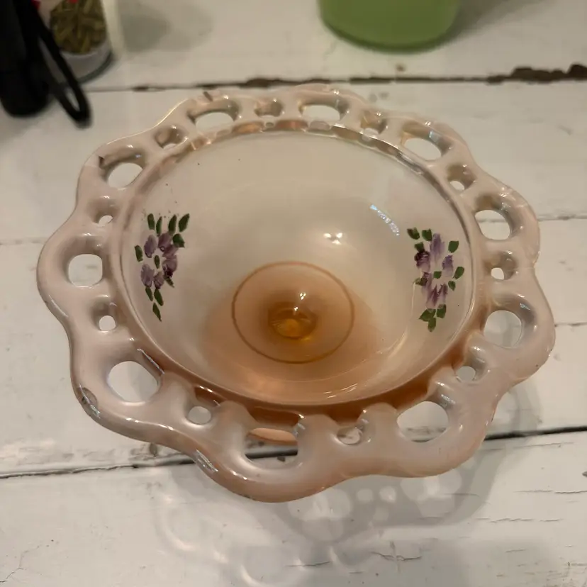 Stunning Vintage 1930s Lancaster Glass Open Work Frosted Decorated Pink 7” Across Serving Bowl | Dish