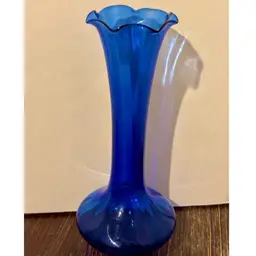 Vintage Hand Blown Glass Cobalt Blue Bud Vase Ruffled Edge 8”
