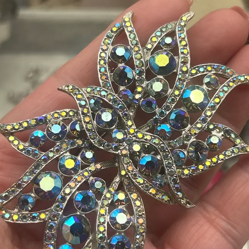 Vintage Aurora Borealis Rhinestone Floral Brooch Large 3” Blue Silver Tone Statement Pin