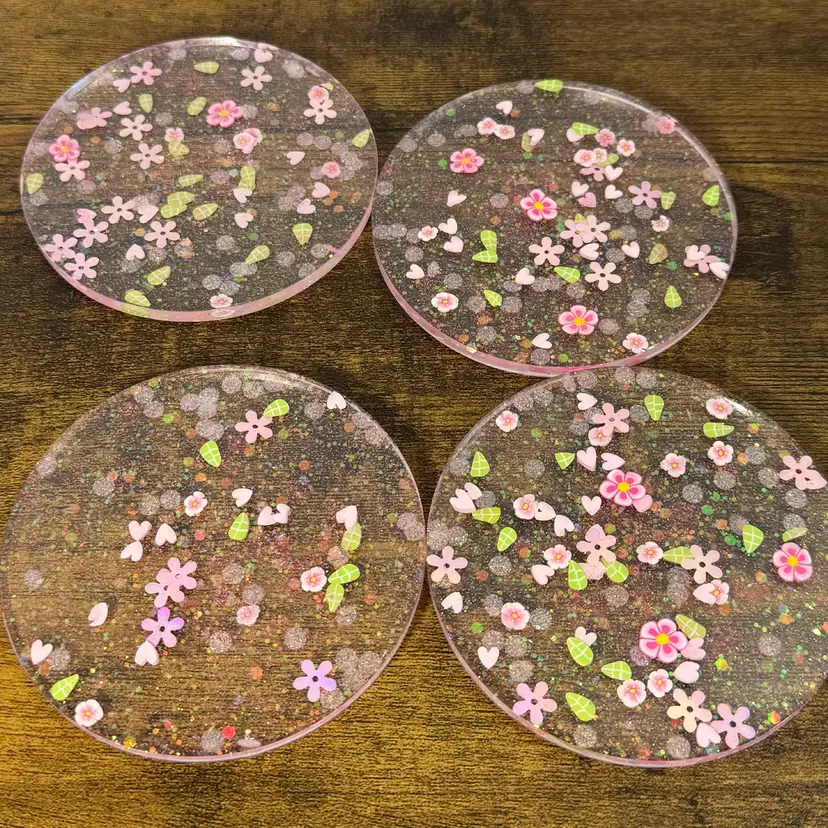 Set Of 4 Pink And Green Resin Coasters With Holder