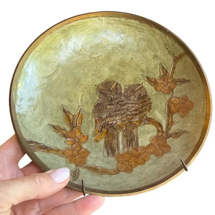 1970s Vintage Enamel Owls On Cherry Blown Branch Brass Pedestal Bowl With Hanger - 8” Diameter