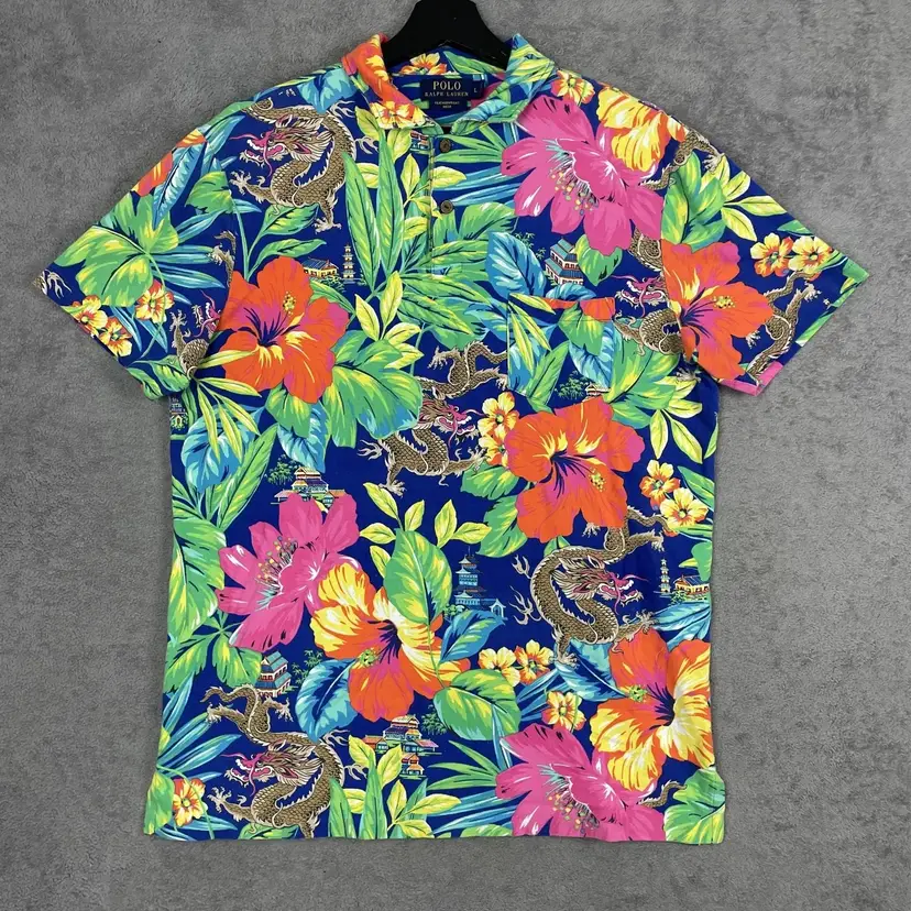 Polo Ralph Lauren Polo Shirt Mens Large Hawaiian Dragon Featherweight Mesh