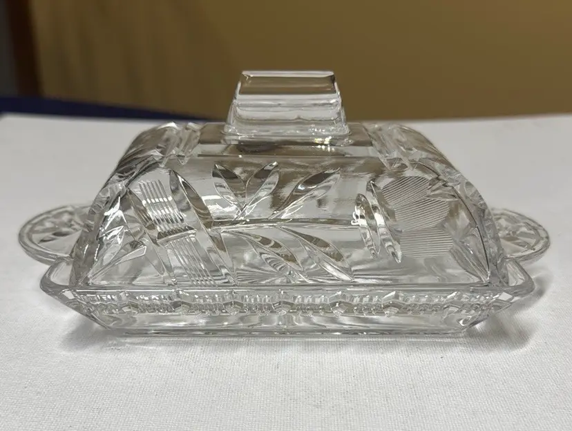 Crystal Butter Dish Cut Crystal Butter Cheese Server Double Wide Dish with Lid