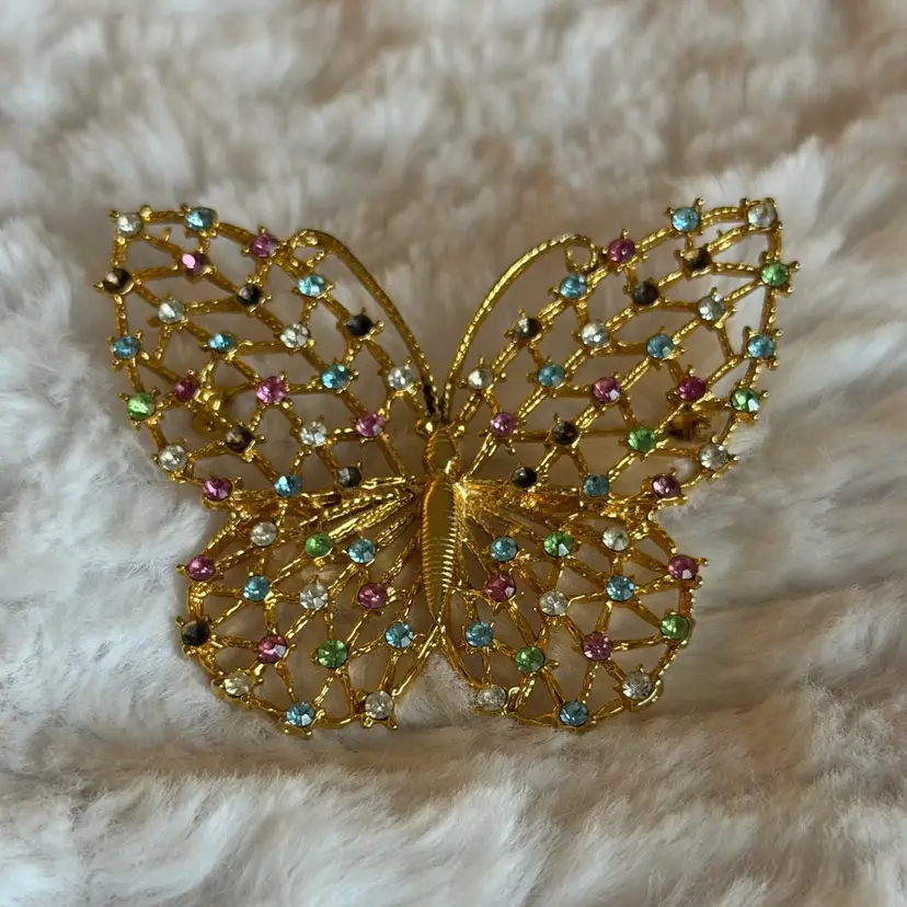 Vintage Gold Tone Butterfly Brooch Multicolor Rhinestones Filigree