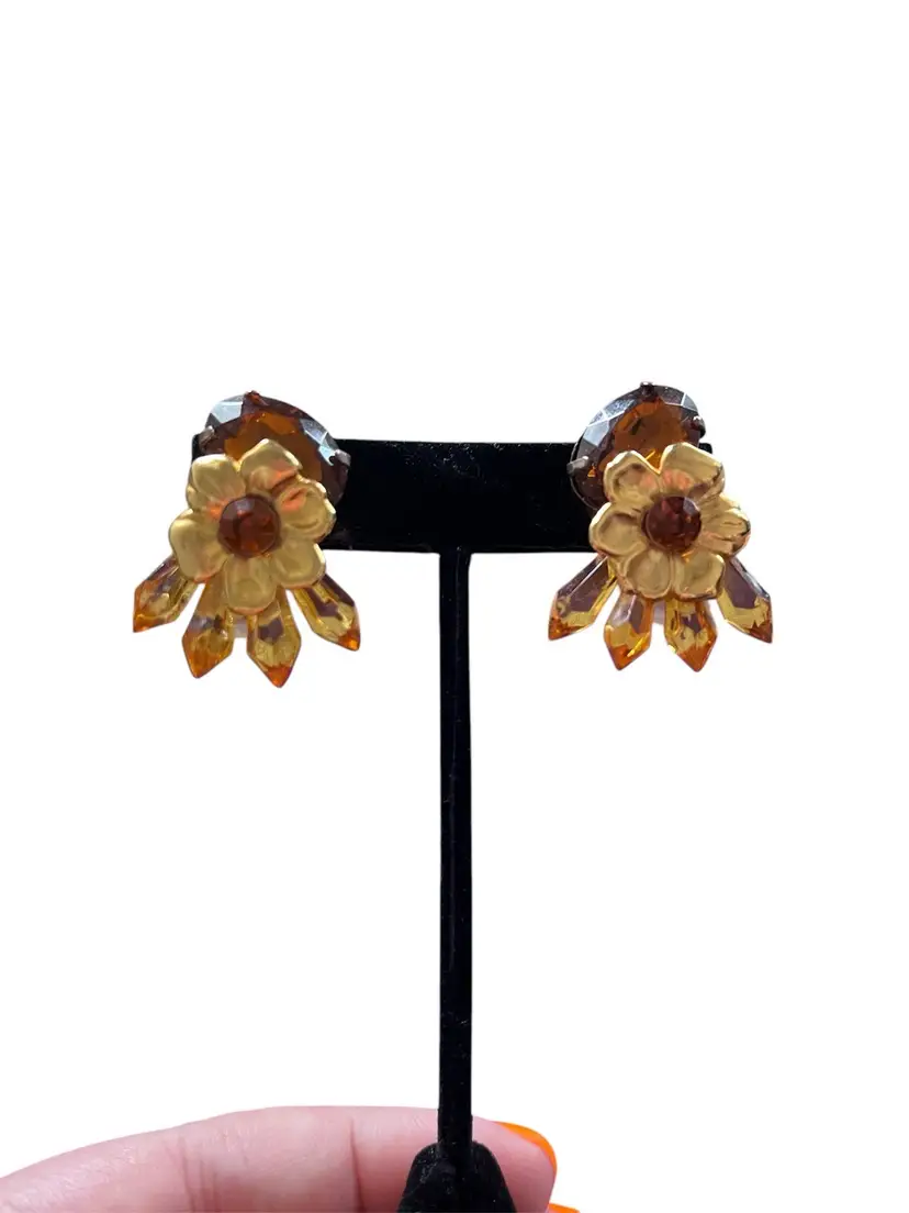 Vintage Two Sisters Amber Colored Rhinestone Earrings