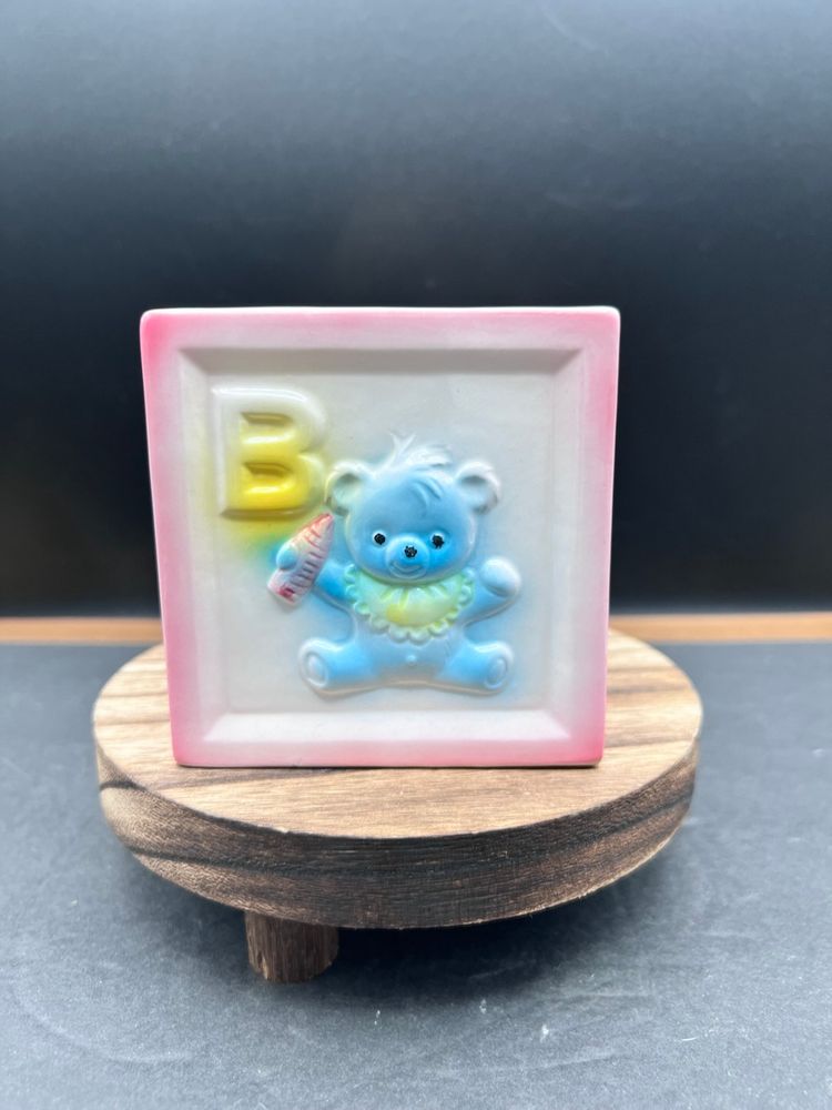 #1007B Vintage ARDCO Pastel Nursery/Baby Block Planter/Vase 3D Bear, Giraffe, Chick, and Elephant with LettersMade in Japan