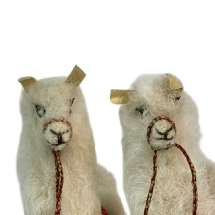 Two Lama Figurines Handmade With  Llama Alpaca Wool Plush Folk Art Toy Ivory Brown Spots & Blankets
6-1/2” T x 3” L