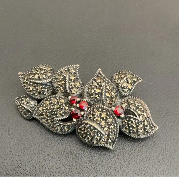 Floral Red Sterling Marcasite Brooch