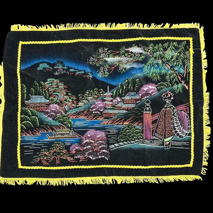 Painted Geisha Asian scenery pillow Cover with Yarn tassel detail