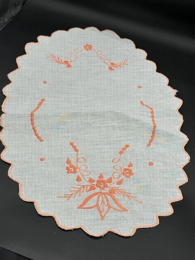 2-Vintage Hand Embroidered Linen Doily with Scallopef Edging