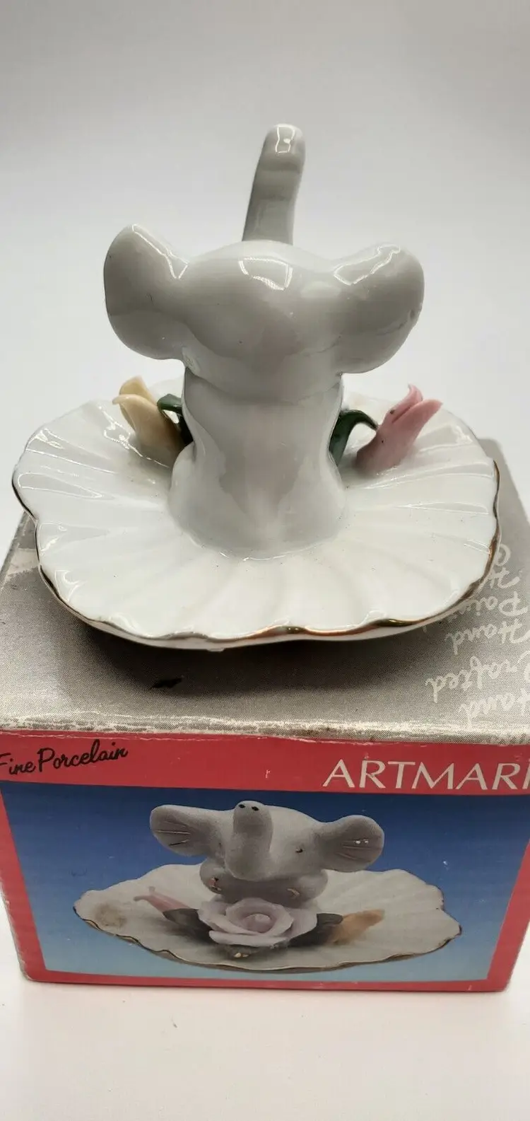 Vintage Fine Porcelain Elephant Ring Holder Dish Artmark 2-1/2"x3" With Box