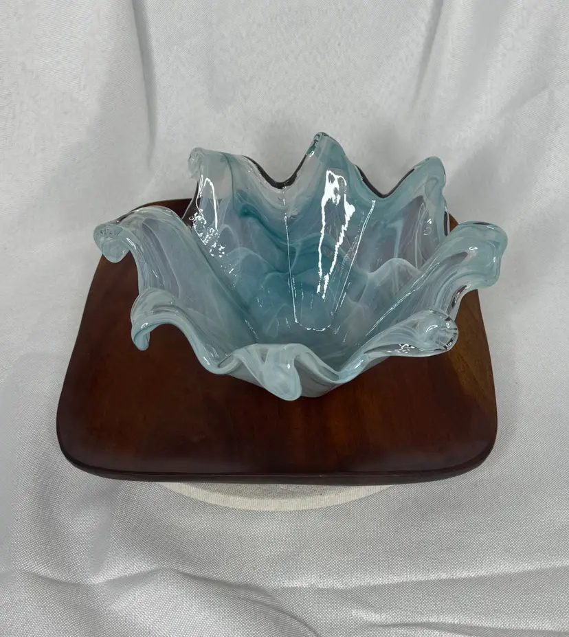 Stunning Art Glass Bowl Swirl Blue; Handkerchief Shape