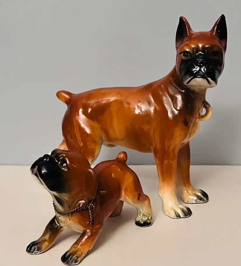 Vintage Black Face Fawn Male Boxer And Puppy Figurines
