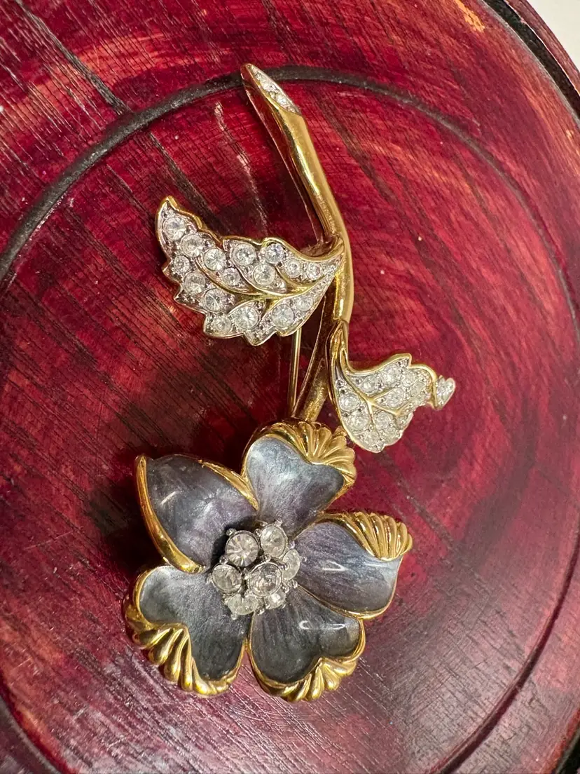 Vintage Nolan Miller Flower Brooch Crystal Rhinestone Pearl Enamel Pin 2.5"