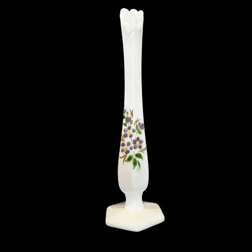 10” Westmoreland Milk Glass Sugared Violets Footed Vase