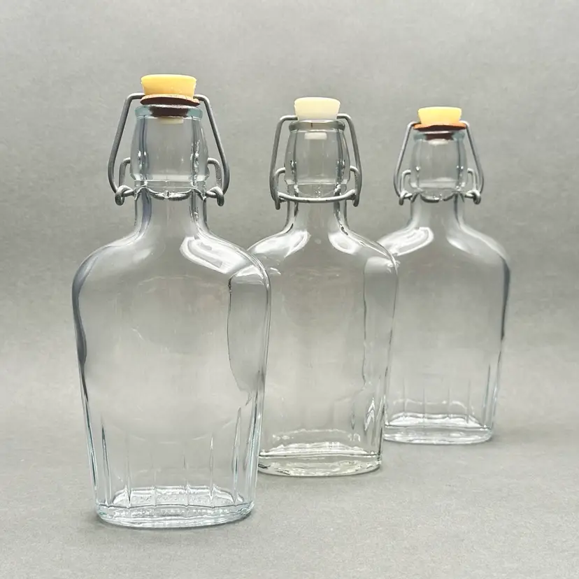 Vintage Set of 3 Bormioli Rocco Fiaschetta Clear Glass Pocket Flasks/Bottles With Hermetic Closures. Made in Italy