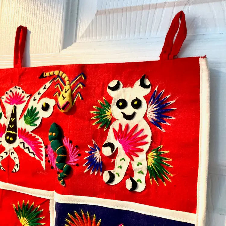 Vintage Folk Art Tapestry Mail Organizer: Embroidered 3D Animals Bugs