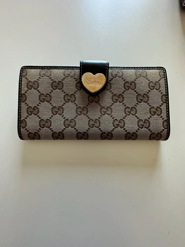 GUCCI GG Logo Heart Plate Canvas Leather Long Bifold Wallet