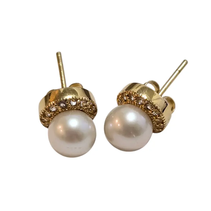 Sterling Pearl Clear Stone Halo Post Earrings