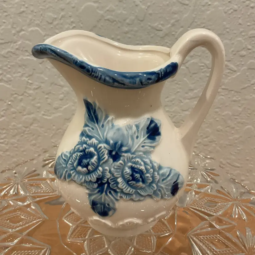 Blue & Cream Ceramic Embossed Floral Creamer