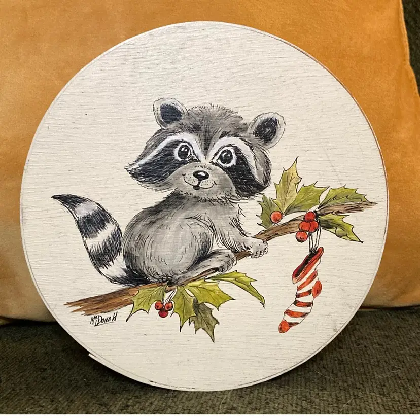 Holiday Raccoon on Wooden Cheese Box  Hand painted  7” Round