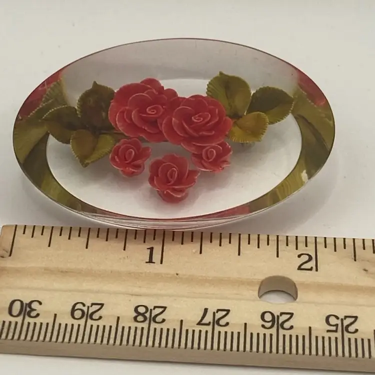 Vtg Oval Lucite Reverse Carved Roses Brooch,  2 1/4”