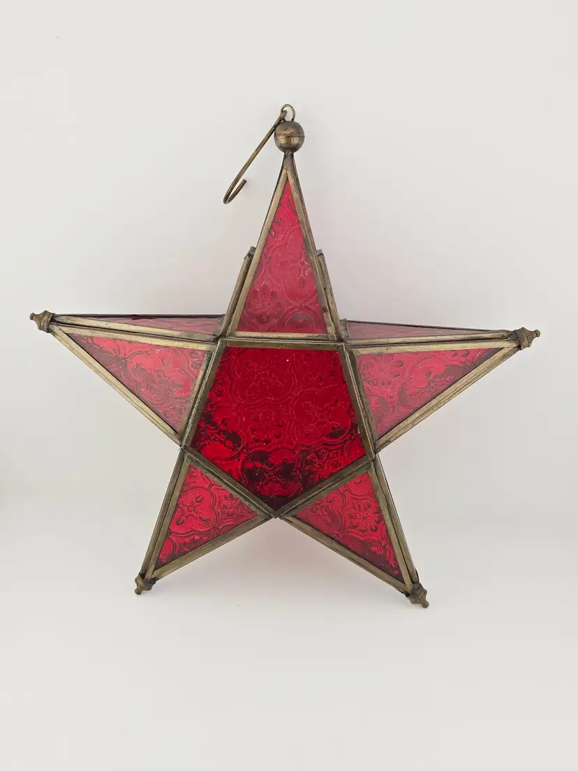Hanging Red Moroccan Style Glass Star Lantern with Brass Candle Holder