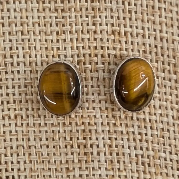 Vintage 925 Sterling Silver Tigers Eye Post Earrings Oval Cabochon Bezel Set