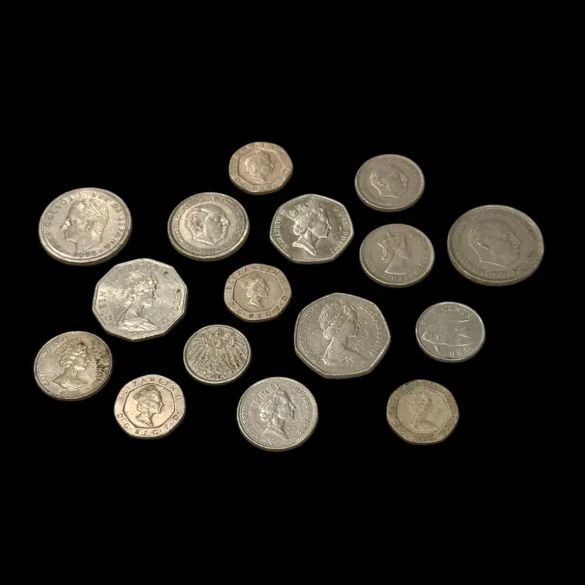 Vintage Foreign (16) Coin Lot: 11 Great Britian, 4 Spain, 1 Germany