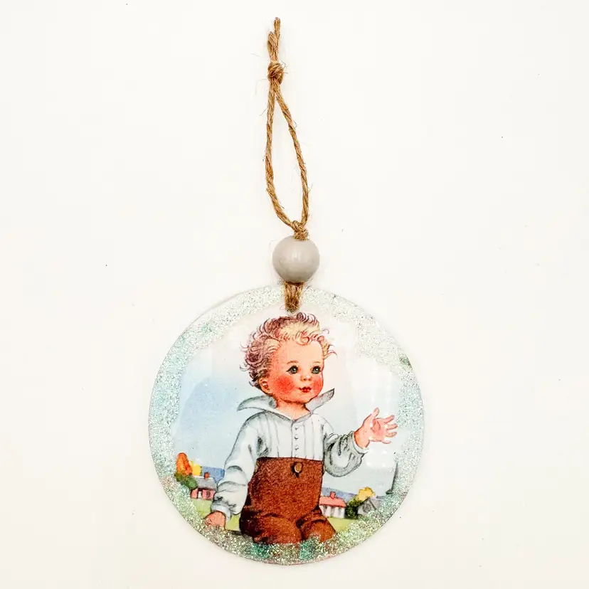 Boy Vintage Illustration Christmas Ornament Handmade 3.5"D