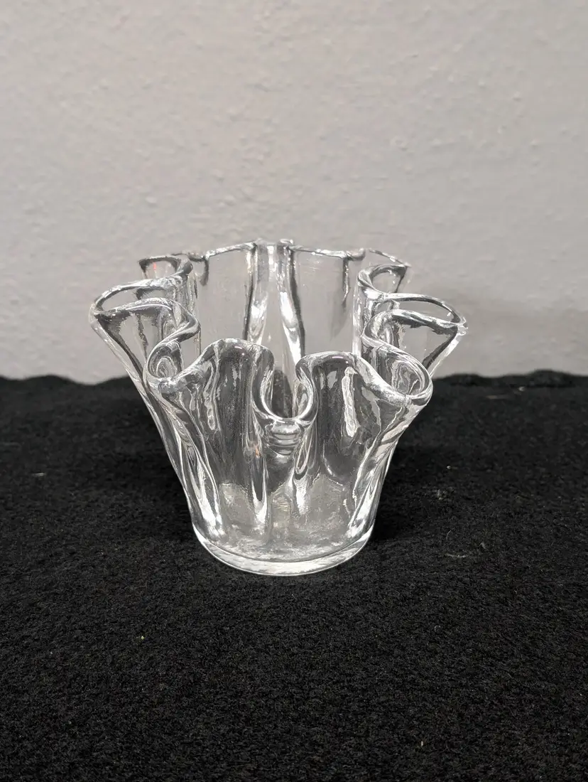 Vintage Hand Blown 2-1/2" Ruffled Handkerchief Clear Glass Vase