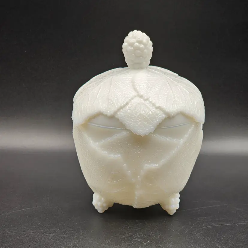 Fostoria Grape Leaf Milk Glass Lidded Candy Dish  C.1950.