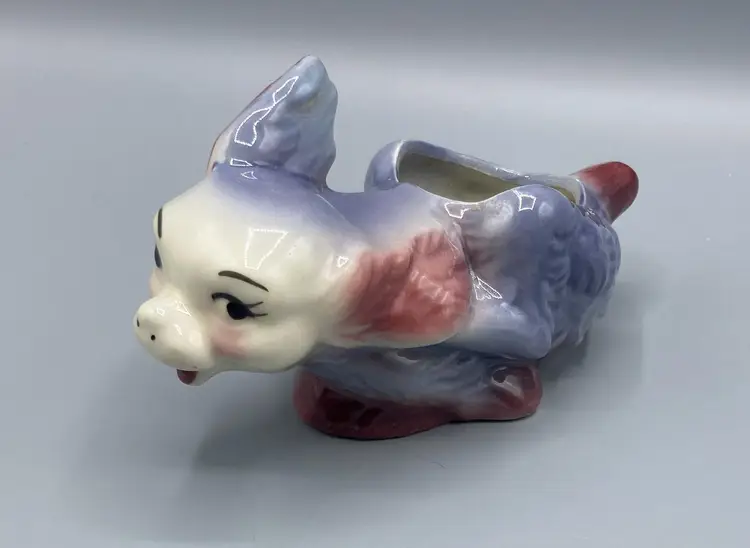 Running Puppy Dog Planter Vase Figurine Flapping Ears Purple & Pink Kitschy - Vintage