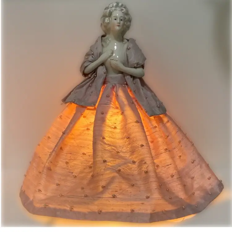 Vintage Lamp. Porcelain Half Doll Lady With A Beautiful Beaded Mauve Dress Possibly Raw Silk. In Working Condition.