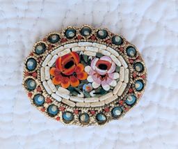 Vintage Italian Oval Micromosaic Brooch with Pink and Red Flowers