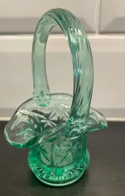 Vintage Fenton Glass Sea Green Mini Basket Spring Decor 4.5”x3.5”