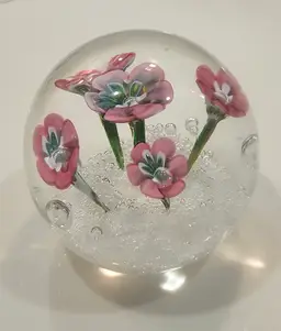 Ferro & Lazzarini Murano Art Glass Paperweight with Pink Lampwork Flowers