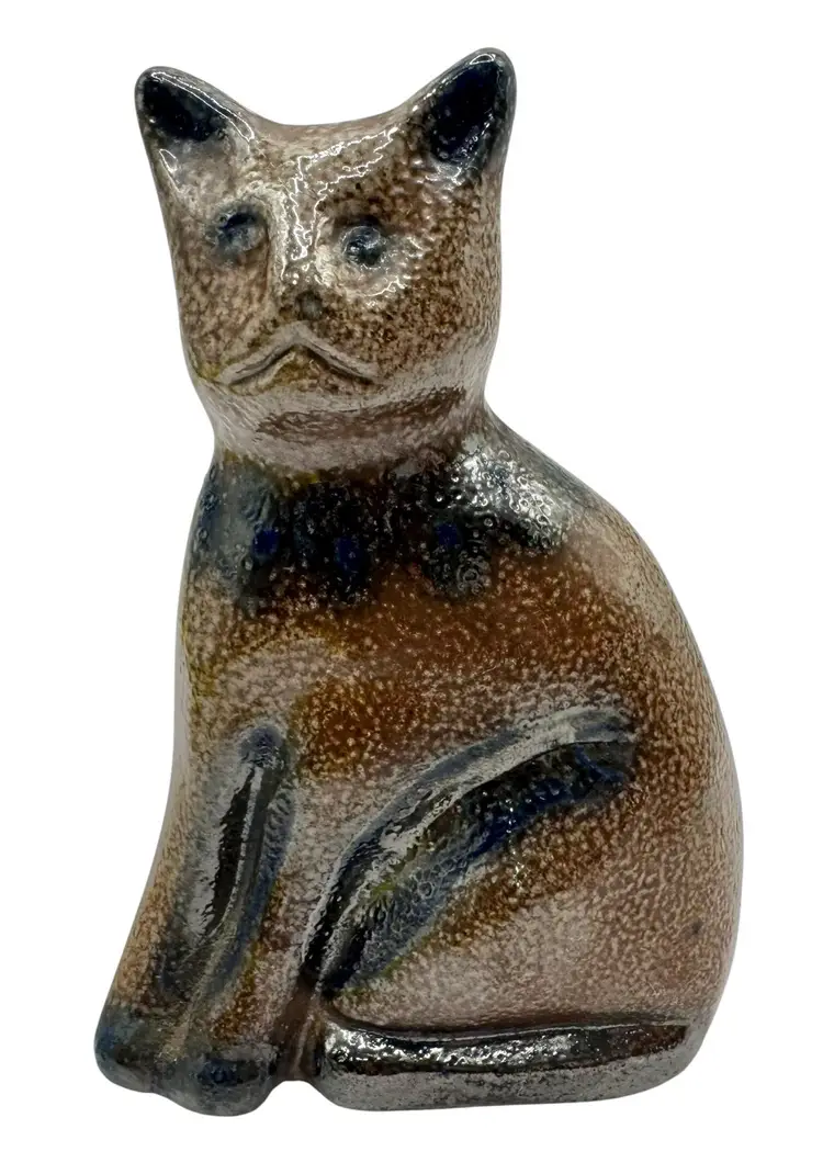 Signed Vintage Beaumont Brothers Pottery BBP Salt Glaze Cat Figurine Blue Brown