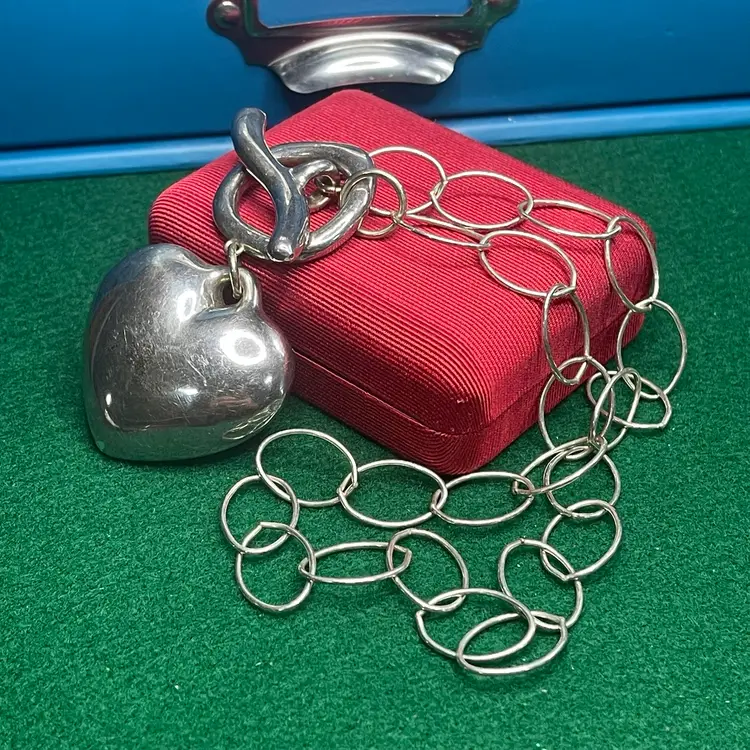 Puffed Toggle Clasp Heart Necklace Sterling 925 Silver Israel Large