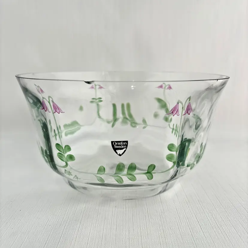 Signed Eva England Orrefors Bowl Hand Painted Crystal Sweden Floral Vintage CHIP
