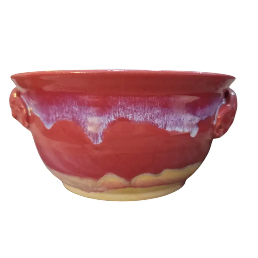 Handcrafted Pottery Serving Bowl Signed Vibrant Southwestern Colors Drip Glaze Handles