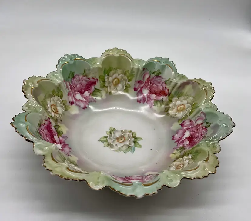 Antique MZ Austria Bowl Peonies Roses 10 1/2” Pink Green *read *