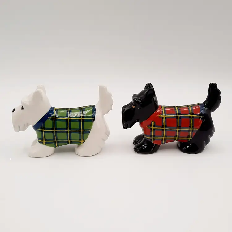 Scottie Westie Terrier Dogs Plaid Salt and Pepper Shakers by Clay Art