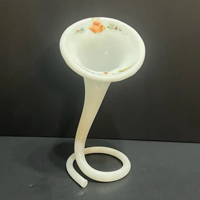 Vintage Floral Cornucopia Milk Glass Handblown Vase Coiled Base ~7β x 3β x 3.5"