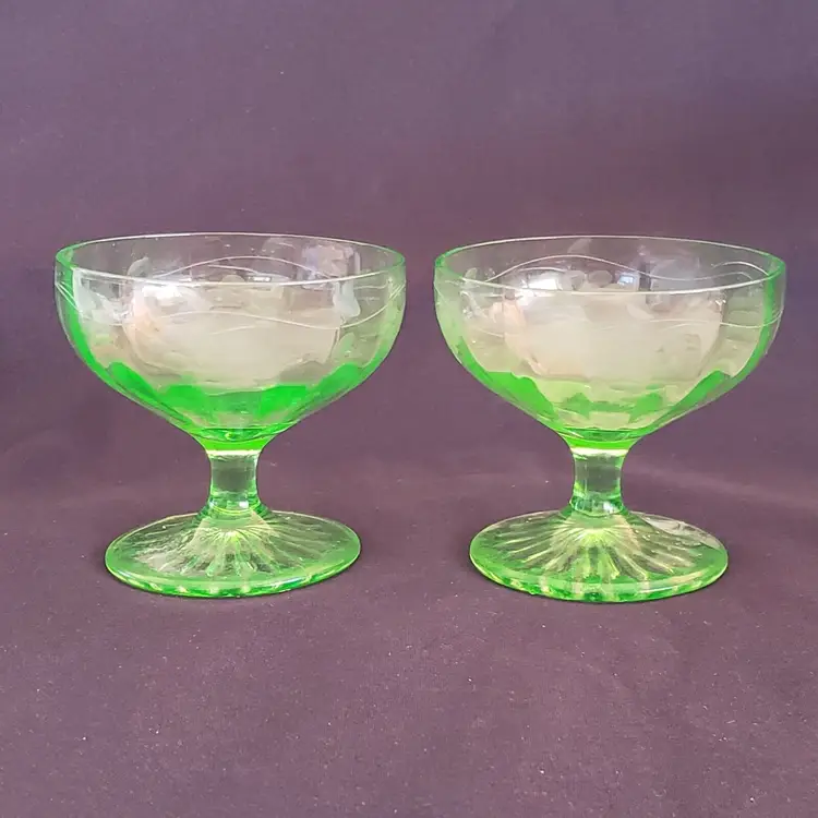 Dessert Sherbert Etched Grape 2 Green Uranium Depression Glasses Glowy Vintage